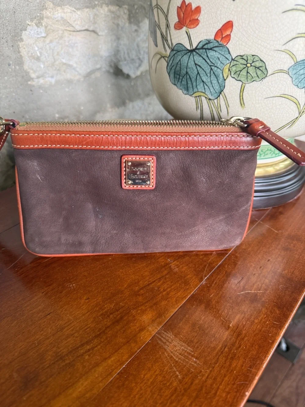 Dooney & Bourke Brown and Orange Leather-Trim Wristlet - Picture 2 of 5